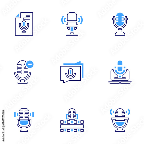 Podcast icon set. Bold line style. Duotone colors. Editable stroke. podcast, transcription, microphone, minus, chat, cinematographic