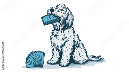 Whimsical illustration of a fluffy, shaggy dog holding a stack of blue cash bills in its mouth, sitting next to fanned money, financial success concept on white background