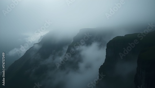 Dramatic view of mountain peaks shrouded in thick, swirling fog, creating an ethereal atmosphere.