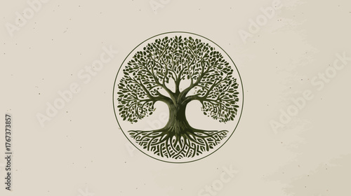 Detailed Vintage Tree of Life Illustration in Circle. Engraved Style with Roots and Branches Symbolizing Growth, Nature, and Connection.