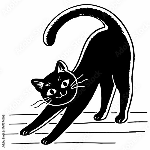 Continuous line drawing of a playful black cat arching its back