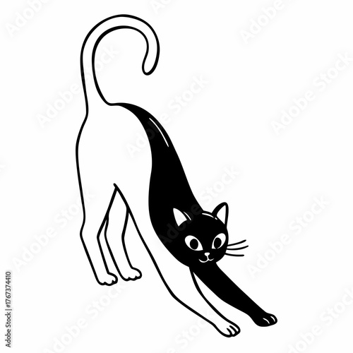 Continuous line drawing of a playful black cat arching its back