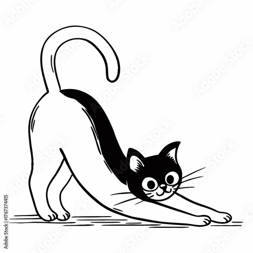 Continuous line drawing of a playful black cat arching its back