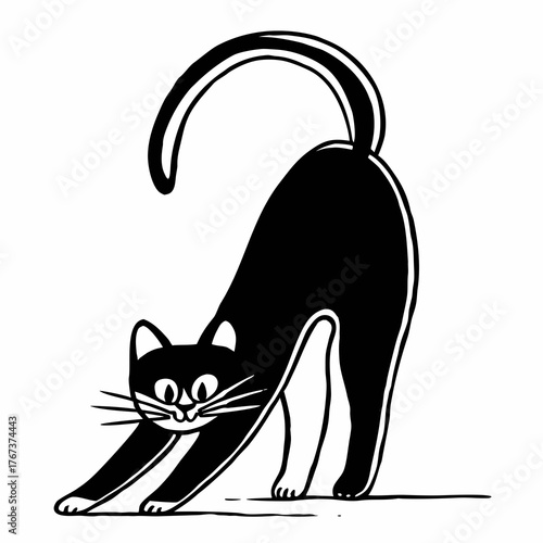 Continuous line drawing of a playful black cat arching its back