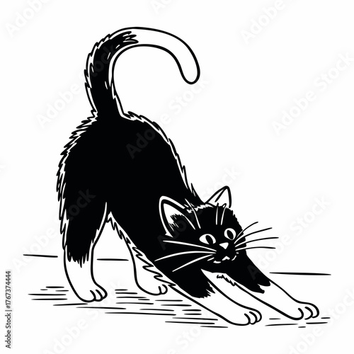 Continuous line drawing of a playful black cat arching its back