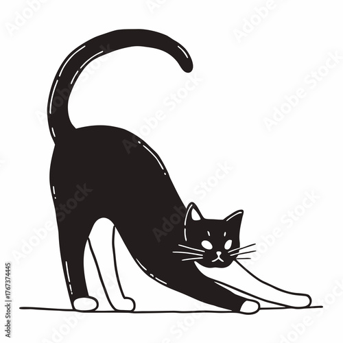 Continuous line drawing of a playful black cat arching its back