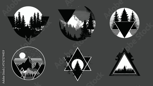 Set of minimalist geometric nature emblems. Black and white vector illustrations with forest trees, mountain silhouettes, and sun/moon designs.