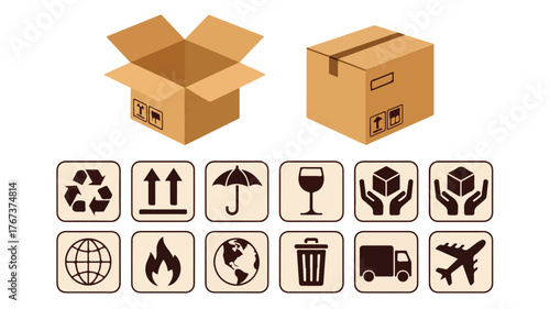 Cardboard Boxes and Shipping Icons in Beige Tones open box closed box