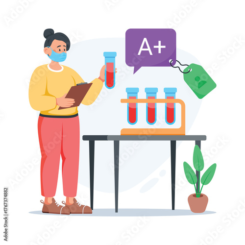 Creatively flat illustration of medical professional analyzing blood samples in lab