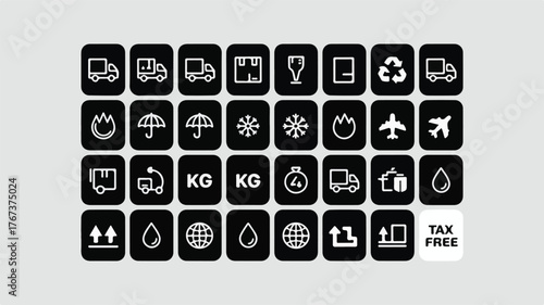 Collection of Shipping and Logistics Icons on Black Backgrounds delivery transport