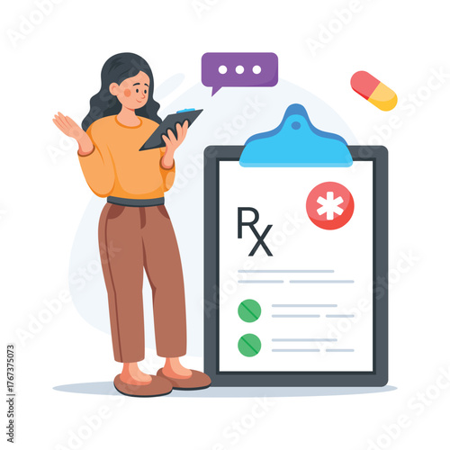Illustration showing medical prescription and patient health record concept.