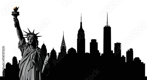 Statue of Liberty and iconic buildings of New York City skyline vector illustration