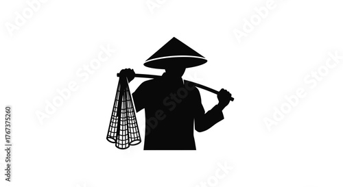 Silhouette of a Traditional Asian Fisherman with Conical Hat and Fishing Net on White Background