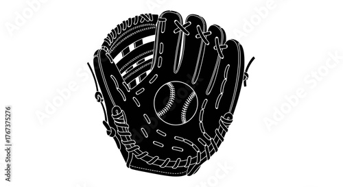 Detailed black and white illustration of a baseball glove and ball on a white background