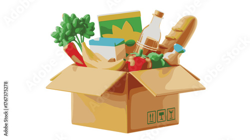 Open Cardboard Box Filled With Assorted Groceries And Produce On White Background grocery food