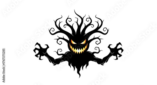 Creepy Halloween tree monster illustration with menacing glowing eyes and sharp claws
