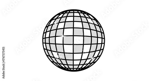 A stylized globe graphic is composed of a grid of squares and rectangles, rendered in monochrome tones against a stark white background, symbolizing global connectivity and information networks.