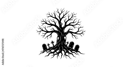 Spooky Halloween graveyard tree with skull details and gravestones illustration