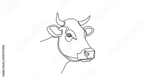 A simple, continuous line drawing captures the head of a cow in profile against a white background.