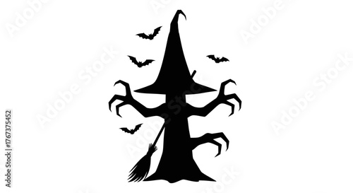 A spooky silhouette of a witch with bats flying around creates a Halloween atmosphere