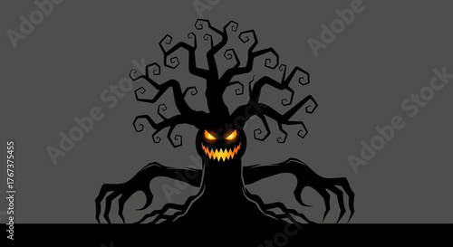 Eerie Halloween Silhouette: Sinister Tree with Glowing Eyes in the Dark Night