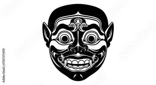 A stylized black and white depiction of a Rakshasa mask intricately designed for cultural