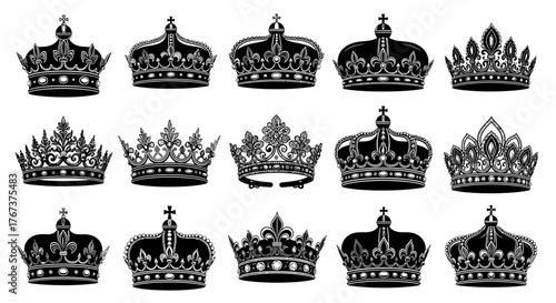 A collection of ornate black and white crown illustrations showcases royal regalia and symbols of power and prestige.