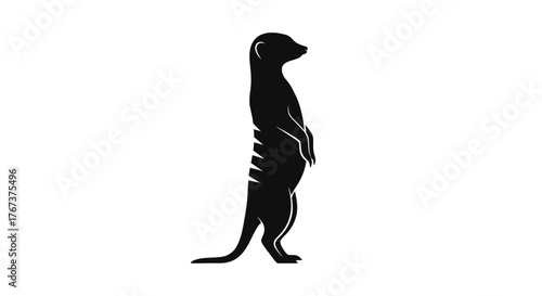 A striking silhouette of a meerkat standing alertly on its hind legs against a clean white background, showcasing its iconic posture and slender form.