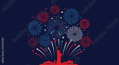 Patriotic Fireworks Display with Landmark Silhouettes for Celebration Background Design