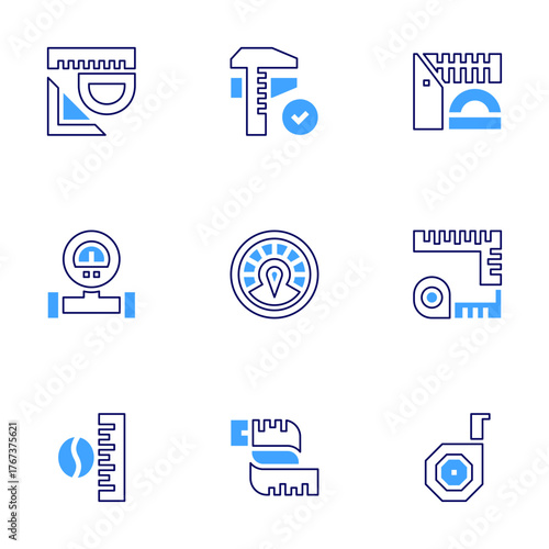 Measure icon set. Bold line style. Duotone colors. Editable stroke. coffee beans, measuring tape, measuring tool, measure, rulers, gauge, speedometer, ruler