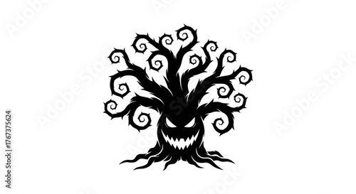 Terrifying Tree Silhouette with Evil Face and Twisted Branches for Halloween Designs