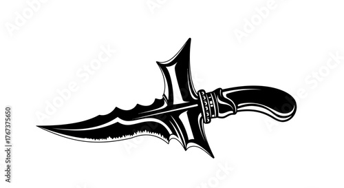 Intricate black and white vector illustration of fantasy dagger design element