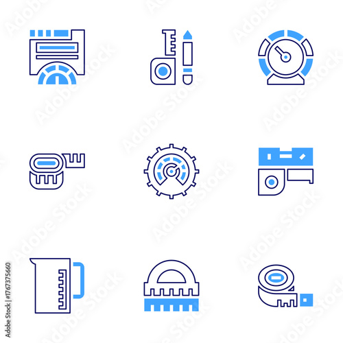 Measure icon set. Bold line style. Duotone colors. Editable stroke. measuring tape, measure tape, measuring jar, productivity, speedometer, ruler, tape