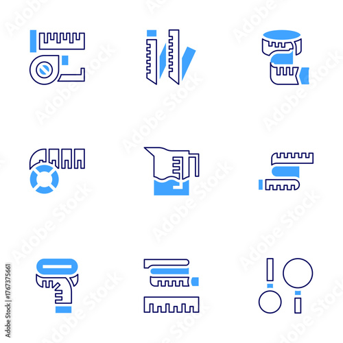 Measure icon set. Bold line style. Duotone colors. Editable stroke. measuring tape, measure tape, measure cup, measure, measuring cups