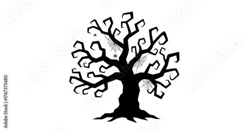 Spooky Halloween Tree Silhouette with Cobwebs and Spiders on a White Background
