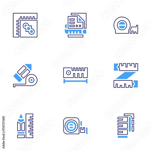 Measure icon set. Bold line style. Duotone colors. Editable stroke. measuring tape, tape measure, rulers, pencil, design, ruler, document