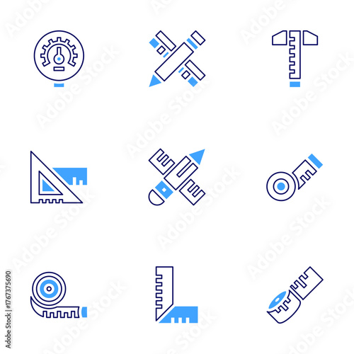 Measure icon set. Bold line style. Duotone colors. Editable stroke. pencil, gauge, ruler, measuring tape, measure