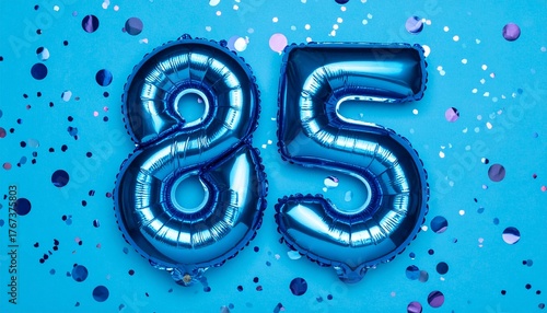 Blue balloon number 85 with confetti on solid colored background. Photo for anniversary or birthday party