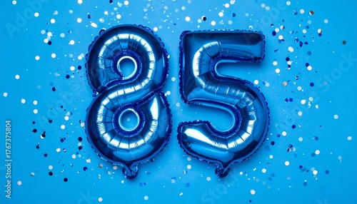 Blue balloon number 85 with confetti on solid colored background. Photo for anniversary or birthday party