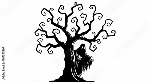 Spooky Halloween illustration of a ghostly figure beneath a gnarled tree silhouette