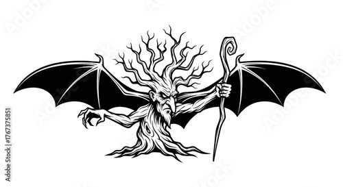Black and white illustration of creepy tree monster with bat wings spreading evil