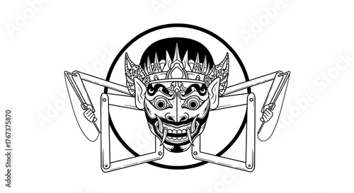 Detailed Wayang Kulit Illustration of a Balinese Demon Puppet with Black and White Aesthetic