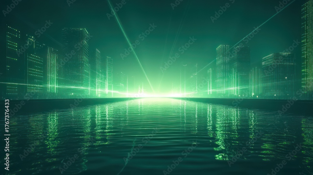 Naklejka premium Futuristic city skyline at night reflected in water, abstract digital art