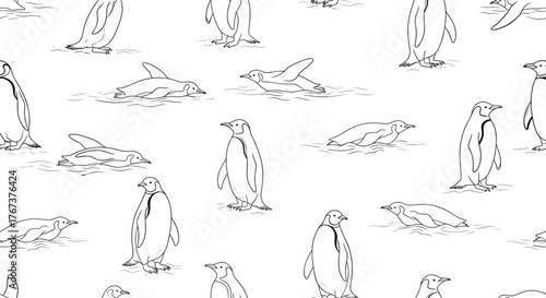 Seamless pattern of hand-drawn penguins in various playful poses on a white background.