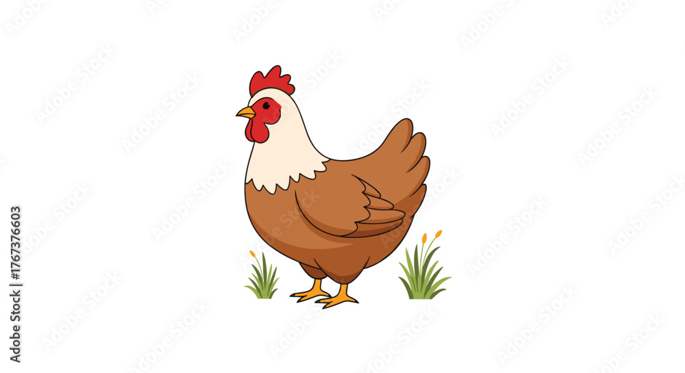 Fototapeta premium Cute cartoon brown hen standing in a field of grass.