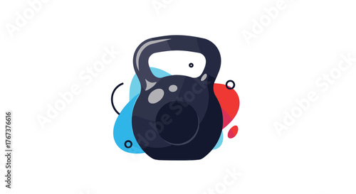 Dark kettlebell centered on white background with colorful abstract shapes and lines.