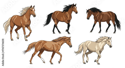 Collection of five pixel art horses in various colors and poses on a white background.