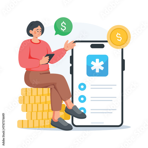 Illustration of woman managing medical expenses and online healthcare payments