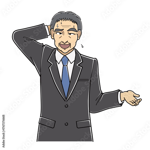 後ろ頭に手をあててしどろもどろ状態のスーツの中年男性・上半身