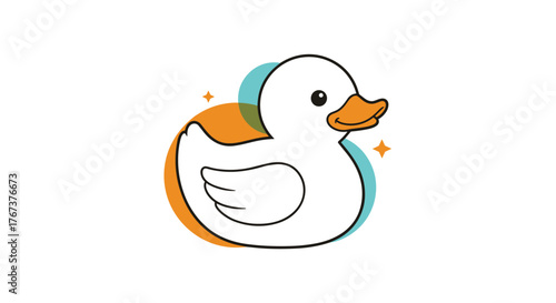 Cute white duck cartoon character with orange and blue outlines and sparkly accents.